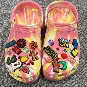 CROCS Pink and Yellow Tie-Dye Clogs with Jibbitz Charms